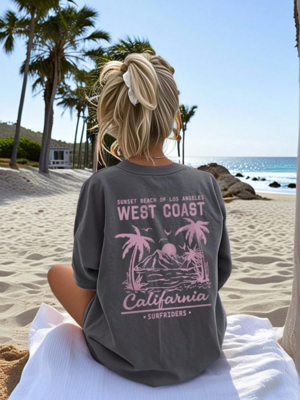 Grey California Los Angeles Print Graphic Oversized Tee Shirt Crew Neck